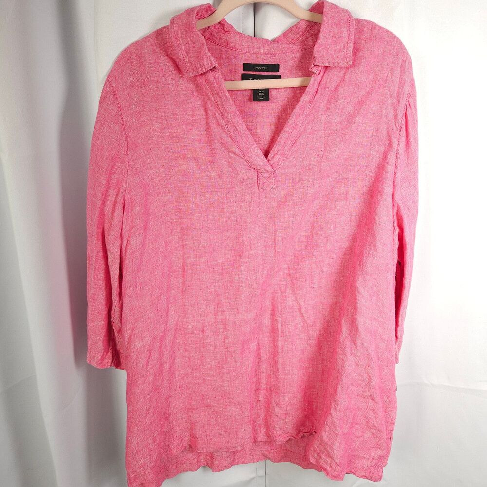 Tahari‎ Pink Linen Popover V-Neck Tunic Blouse Womens 1X 3/4 Sleeve